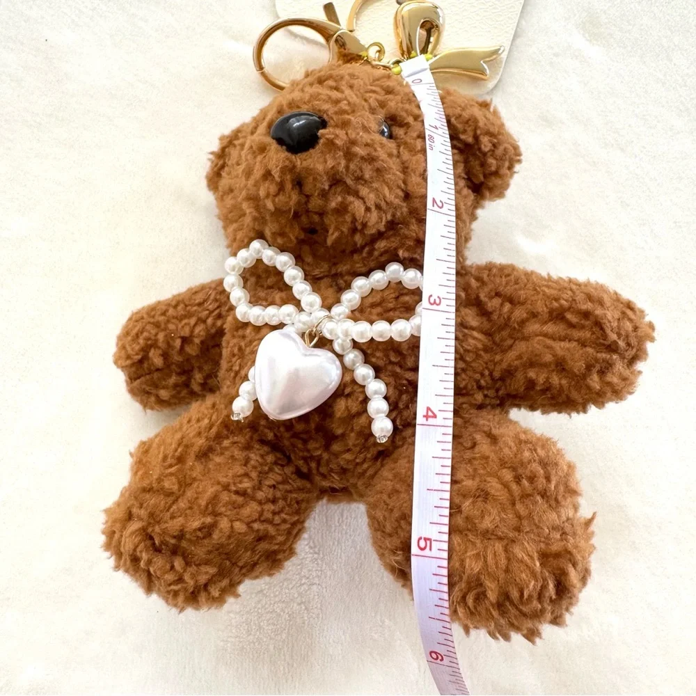 Natasha Brown Teddy Bear Plushie w/ Bows & Heart Key Chain / Bag Charm